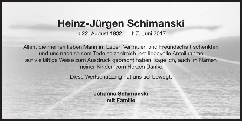  Traueranzeige für Heinz-Jürgen Schimanski vom 22.07.2017 aus 