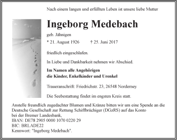 Traueranzeige von Ingeborg Medebach 