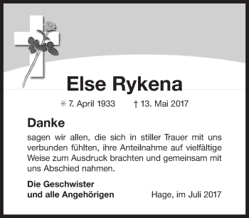 Traueranzeige von Else Rykena 
