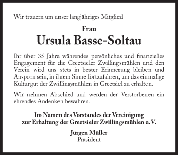 Traueranzeige von Ursula Basse-Soltau 