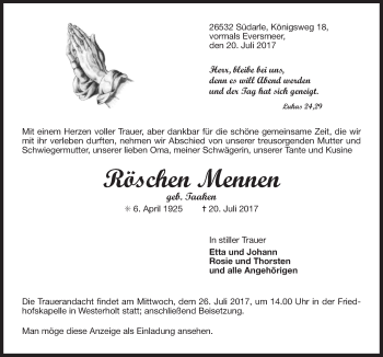 Traueranzeige von Röschen Mennen 