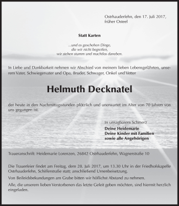 Traueranzeige von Helmuth Decknatel 