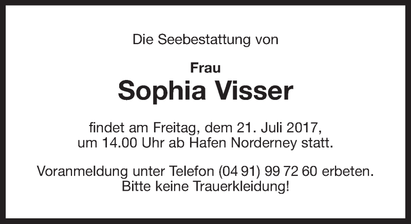  Traueranzeige für Sophia Visser vom 15.07.2017 aus 