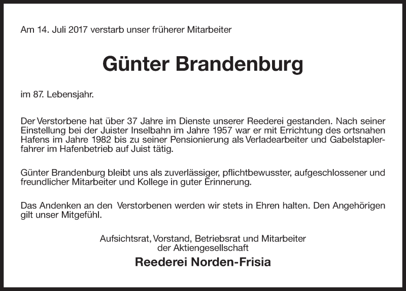  Traueranzeige für Günter Brandenburg vom 22.07.2017 aus 