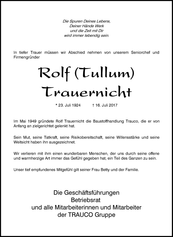  Traueranzeige für Rolf Trauernicht vom 18.07.2017 aus 