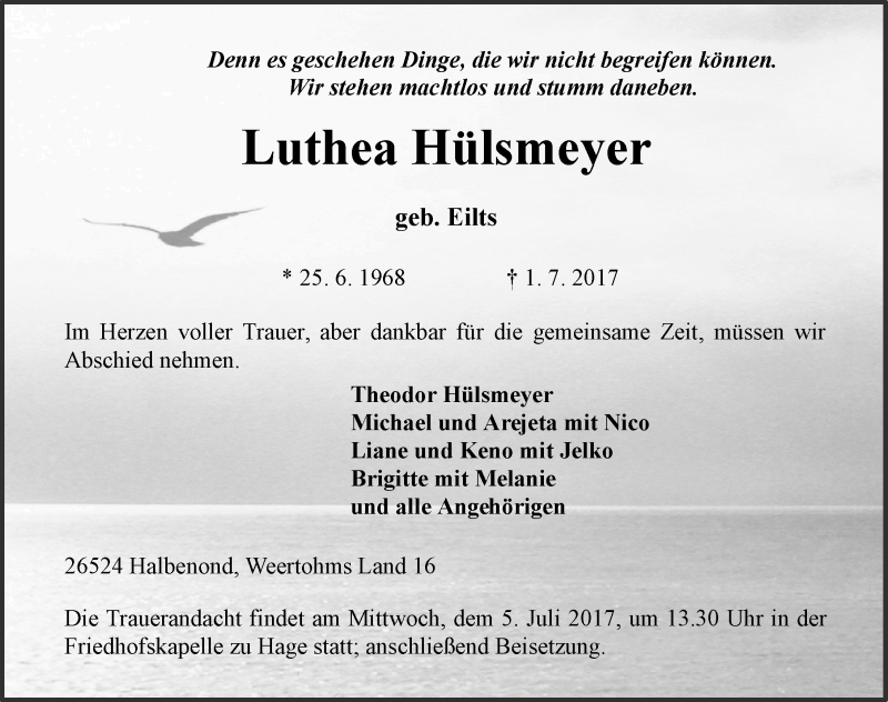  Traueranzeige für Luthea Hülsmeyer vom 03.07.2017 aus 