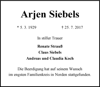 Traueranzeige von Arjen Siebels 