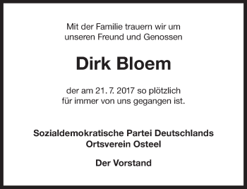 Traueranzeige von Dirk Bloem 