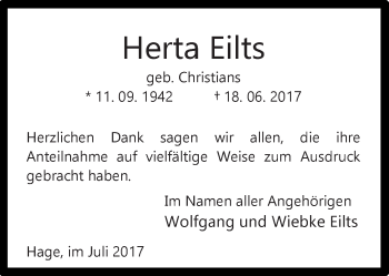 Traueranzeige von Herta Eilts 