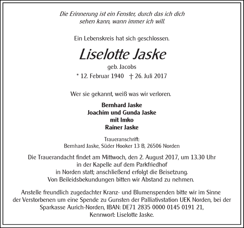  Traueranzeige für Liselotte Jaske vom 29.07.2017 aus 