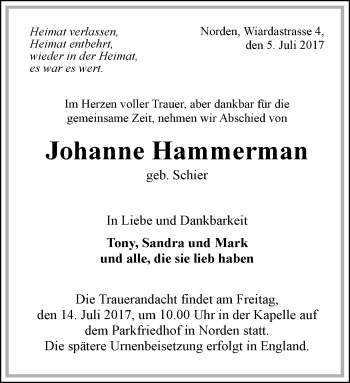 Traueranzeige von Johanne Hammerman 