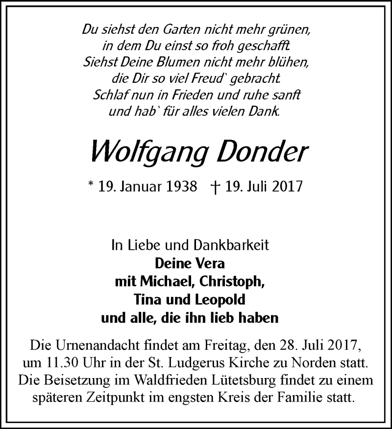  Traueranzeige für Wolfgang Donder vom 22.07.2017 aus 