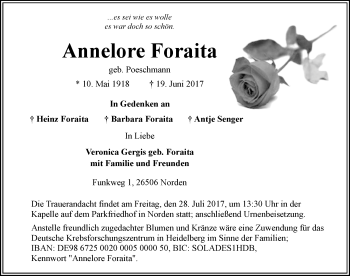 Traueranzeige von Annelore Foraita 