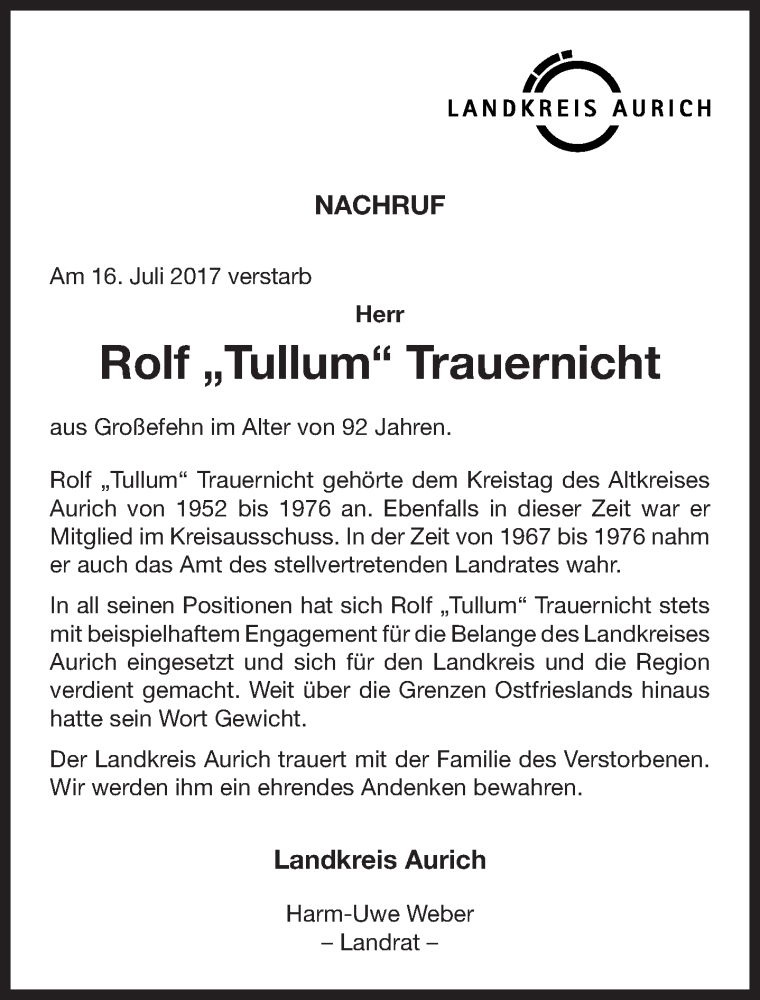  Traueranzeige für Rolf Trauernicht vom 17.07.2017 aus 