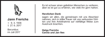 Traueranzeige von Jann Frerichs 