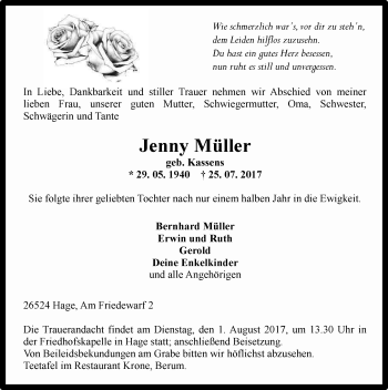 Traueranzeige von Jenny Müller 