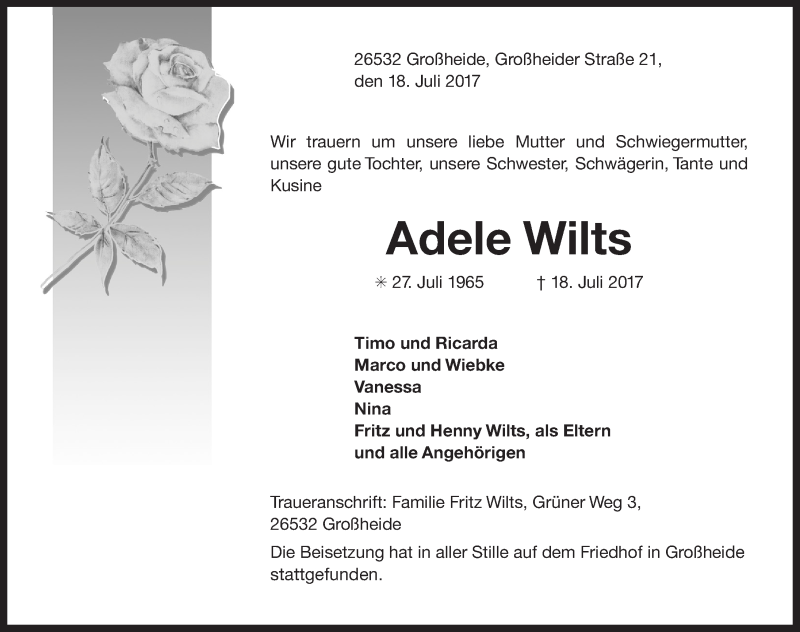  Traueranzeige für Adele Wilts vom 22.07.2017 aus 