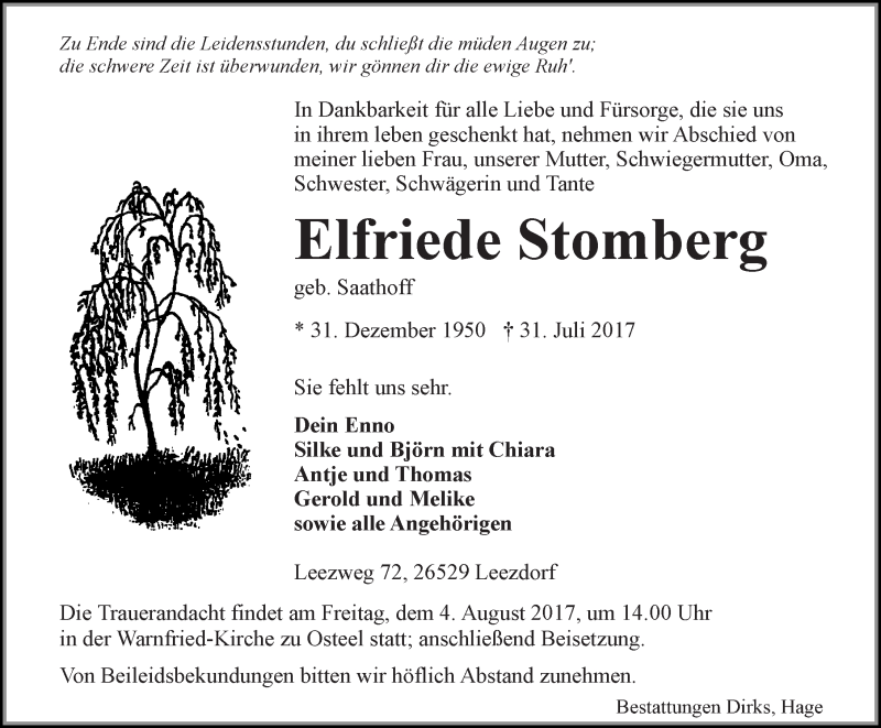  Traueranzeige für Elfriede Stomberg vom 01.08.2017 aus 