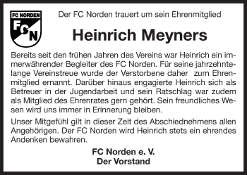 Traueranzeige von Heinrich Meyners 