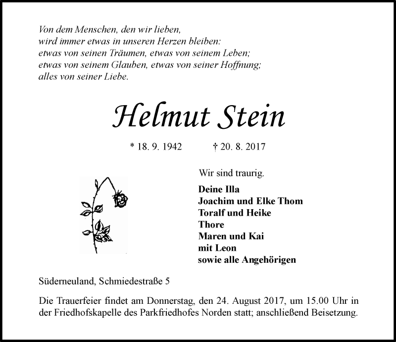 Traueranzeige für Helmut Stein vom 22.08.2017 aus 