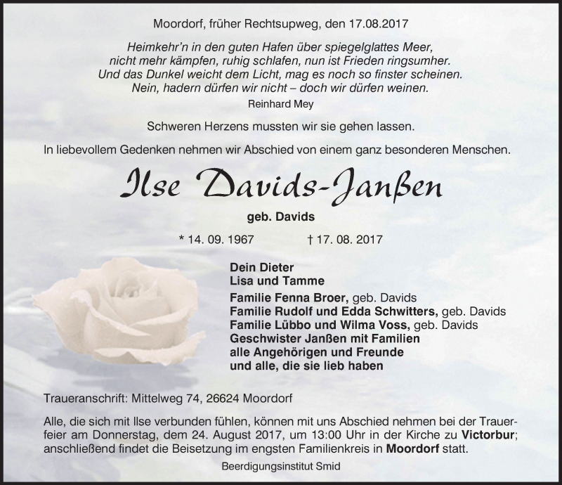  Traueranzeige für Ilse Davids-Janßen vom 22.08.2017 aus 