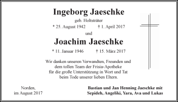 Traueranzeige von Ingeborg und Joachim Jaeschke 