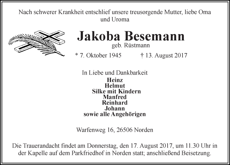  Traueranzeige für Jakoba Besemann vom 15.08.2017 aus 