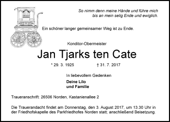 Traueranzeige von Jan Tjarks ten Cate 