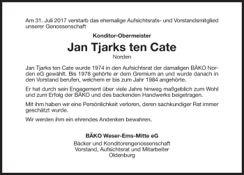 Traueranzeige von Jan Tjarks ten Cate 