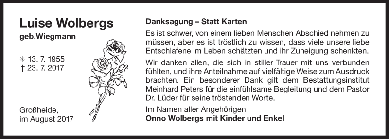  Traueranzeige für Luise Wolbergs vom 19.08.2017 aus 
