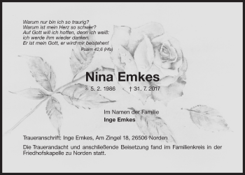 Traueranzeige von Nina Emkes 