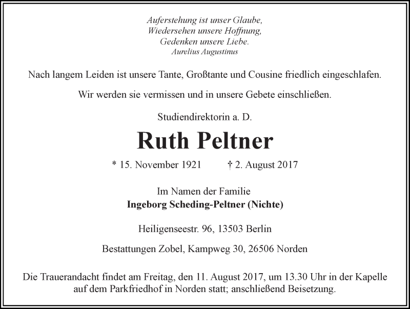  Traueranzeige für Ruth Peltner vom 07.08.2017 aus 