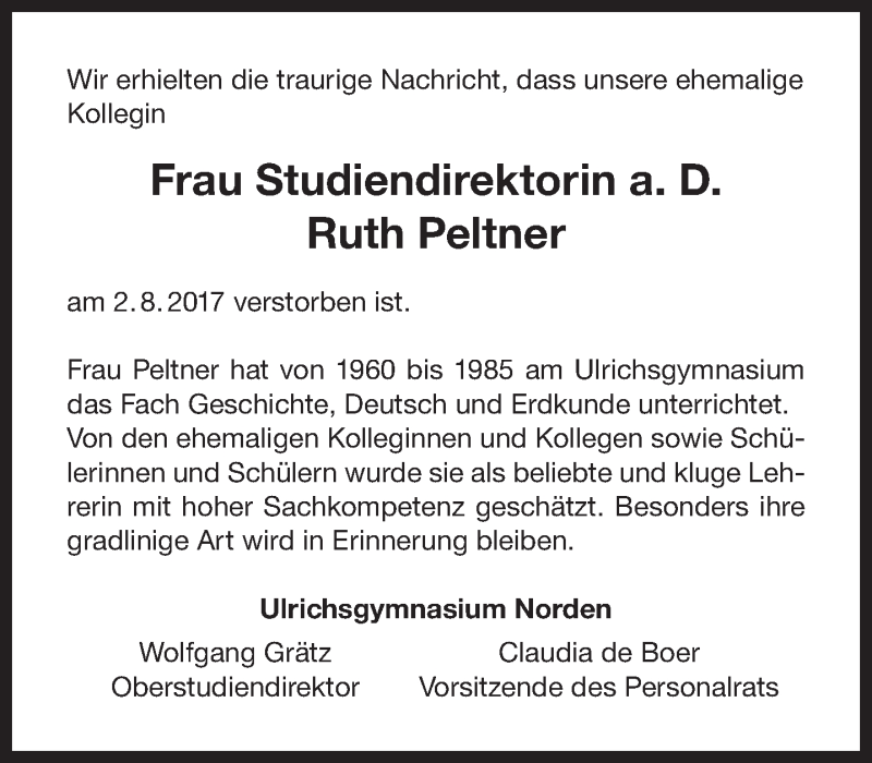  Traueranzeige für Ruth Peltner vom 11.08.2017 aus 