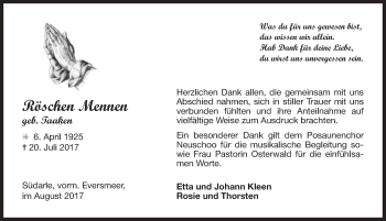 Traueranzeige von Röschen Mennen 