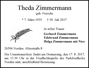Traueranzeige von Theda Zimmermann 