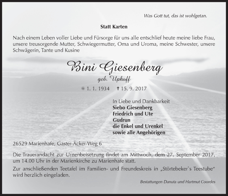  Traueranzeige für Bini Giesenberg vom 21.09.2017 aus Ostfrisischer Kurier
