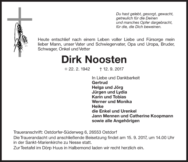  Traueranzeige für Dirk Noosten vom 14.09.2017 aus Ostfrisischer Kurier