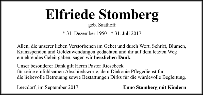  Traueranzeige für Elfriede Stomberg vom 02.09.2017 aus 