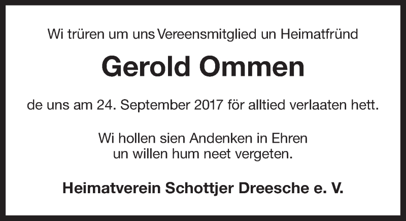  Traueranzeige für Gerold Ommen vom 28.09.2017 aus 