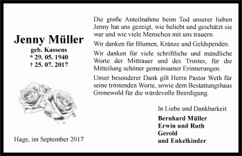 Traueranzeige von Jenny Müller von Ostfrisischer Kurier