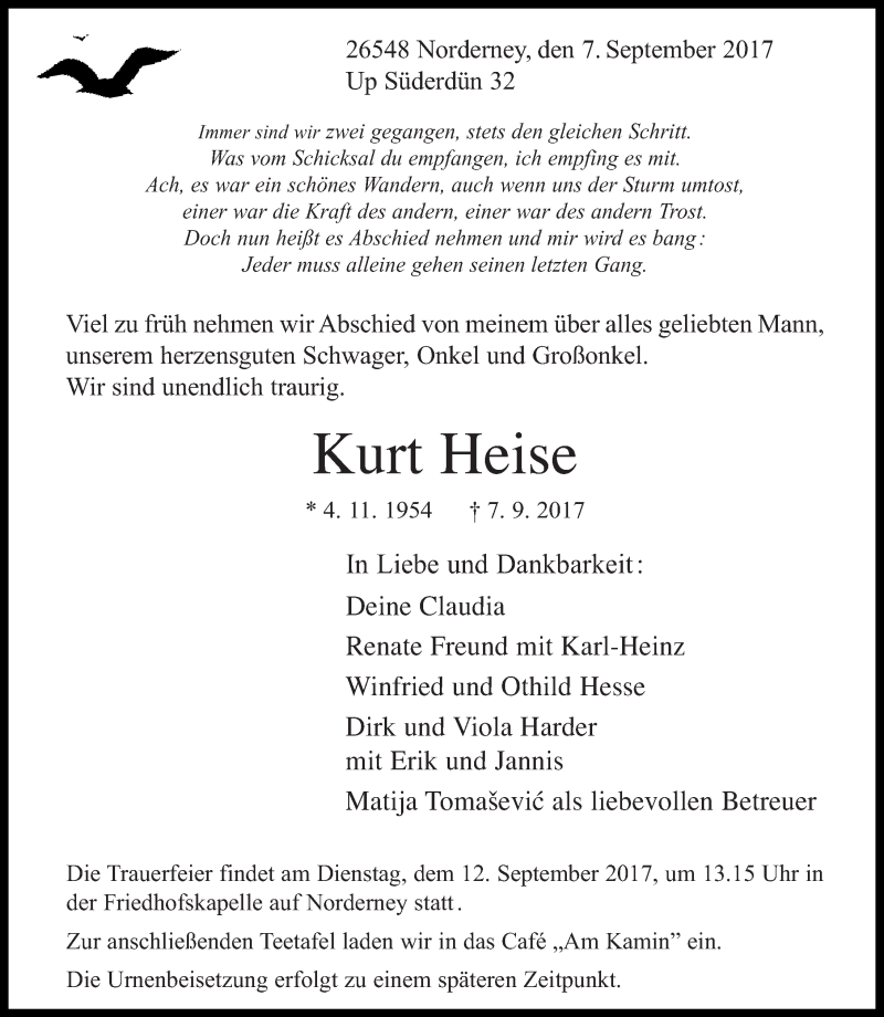  Traueranzeige für Kurt Heise vom 09.09.2017 aus Ostfrisischer Kurier