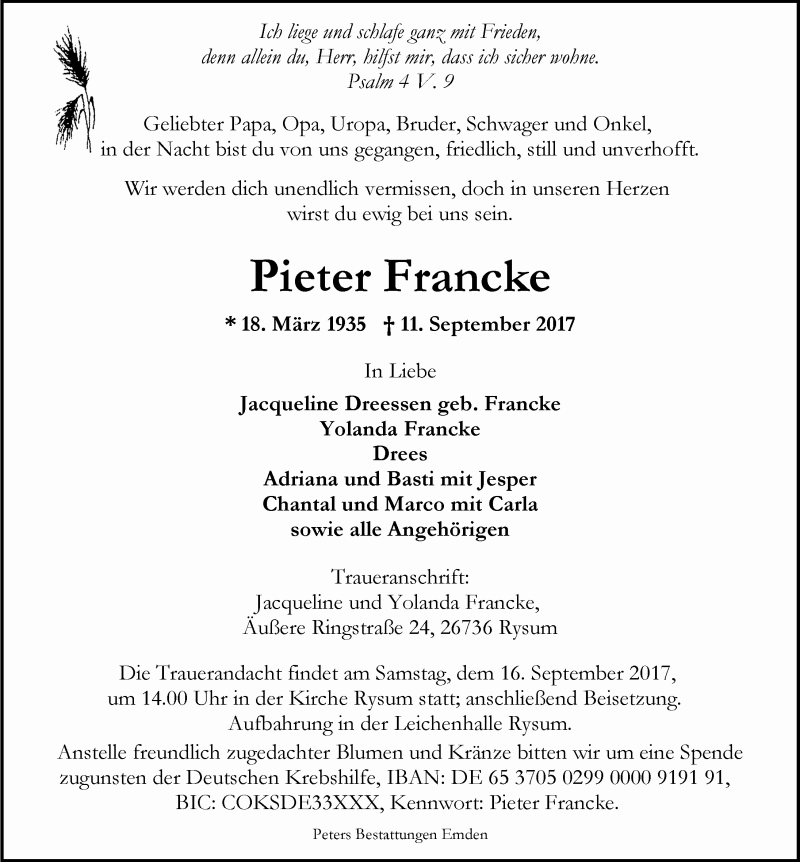 Traueranzeige für Pieter Francke vom 15.09.2017 aus Ostfrisischer Kurier