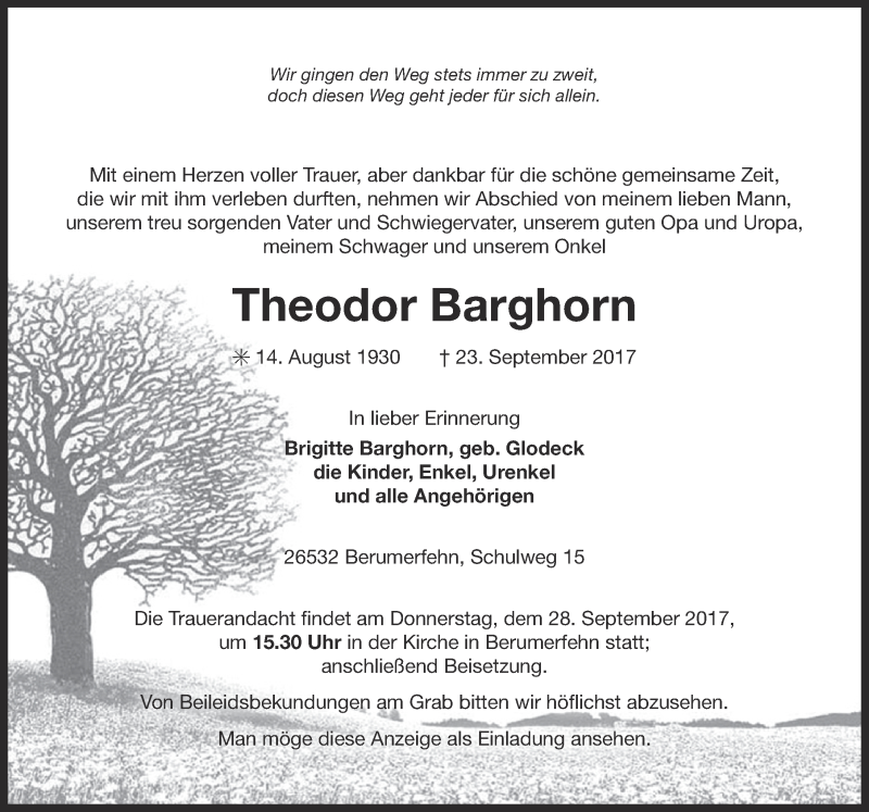  Traueranzeige für Theodor Barghorn vom 25.09.2017 aus 