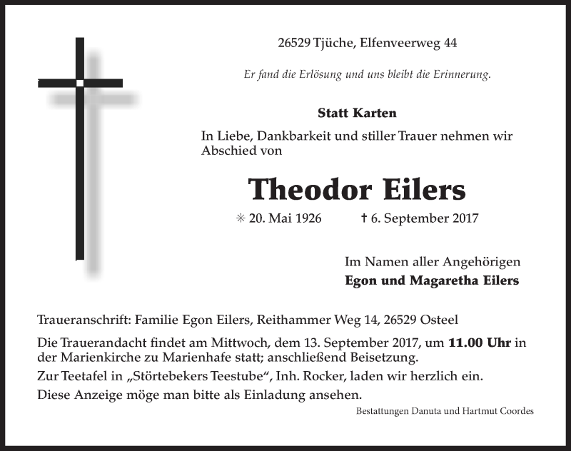  Traueranzeige für Theodor Eilers vom 07.09.2017 aus Ostfrisischer Kurier