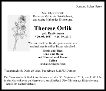 Traueranzeige von Therese Orlik 
