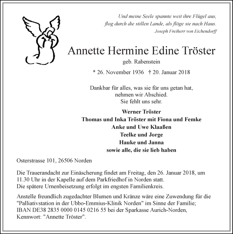  Traueranzeige für Annette Hermine Edine Tröster vom 23.01.2018 aus Ostfrisischer Kurier