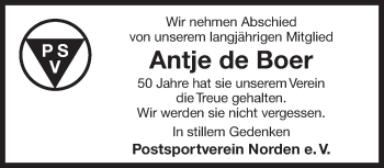 Traueranzeige von Antje de Boer 
