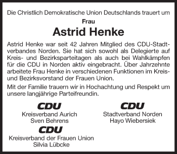 Traueranzeige von Astrid Henke 