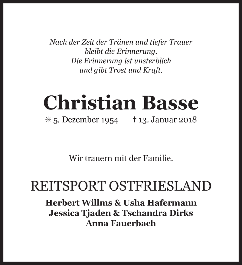  Traueranzeige für Christian Basse vom 16.01.2018 aus 