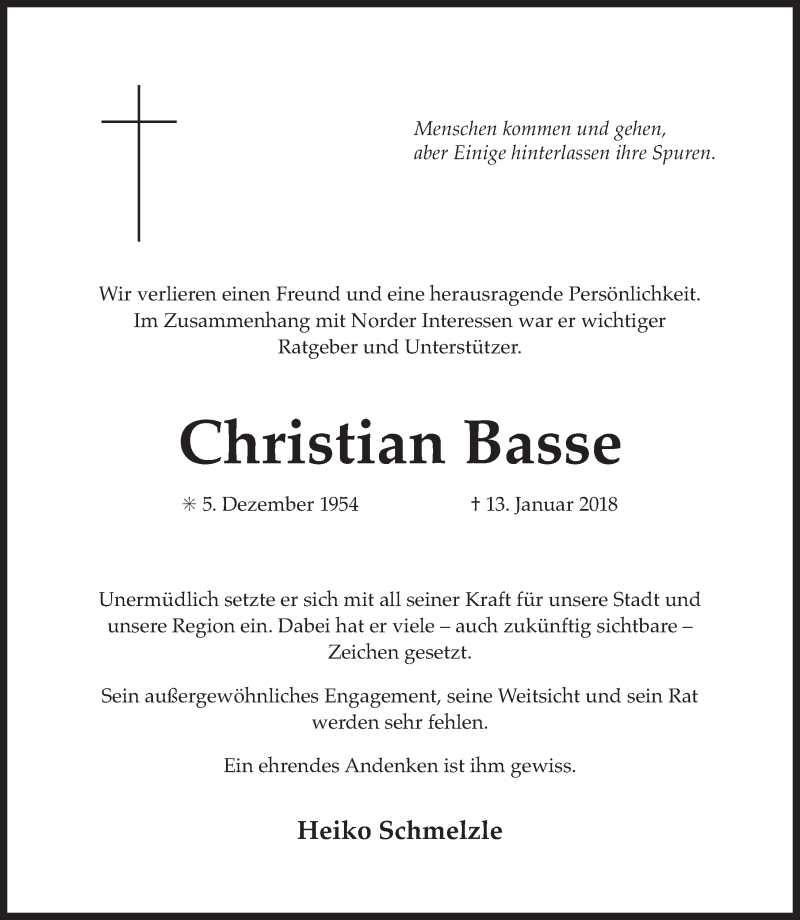  Traueranzeige für Christian Basse vom 16.01.2018 aus 